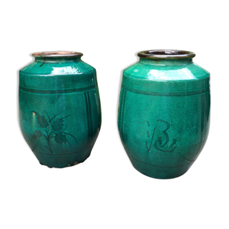 Pair of Japanese enameled stoneware vases