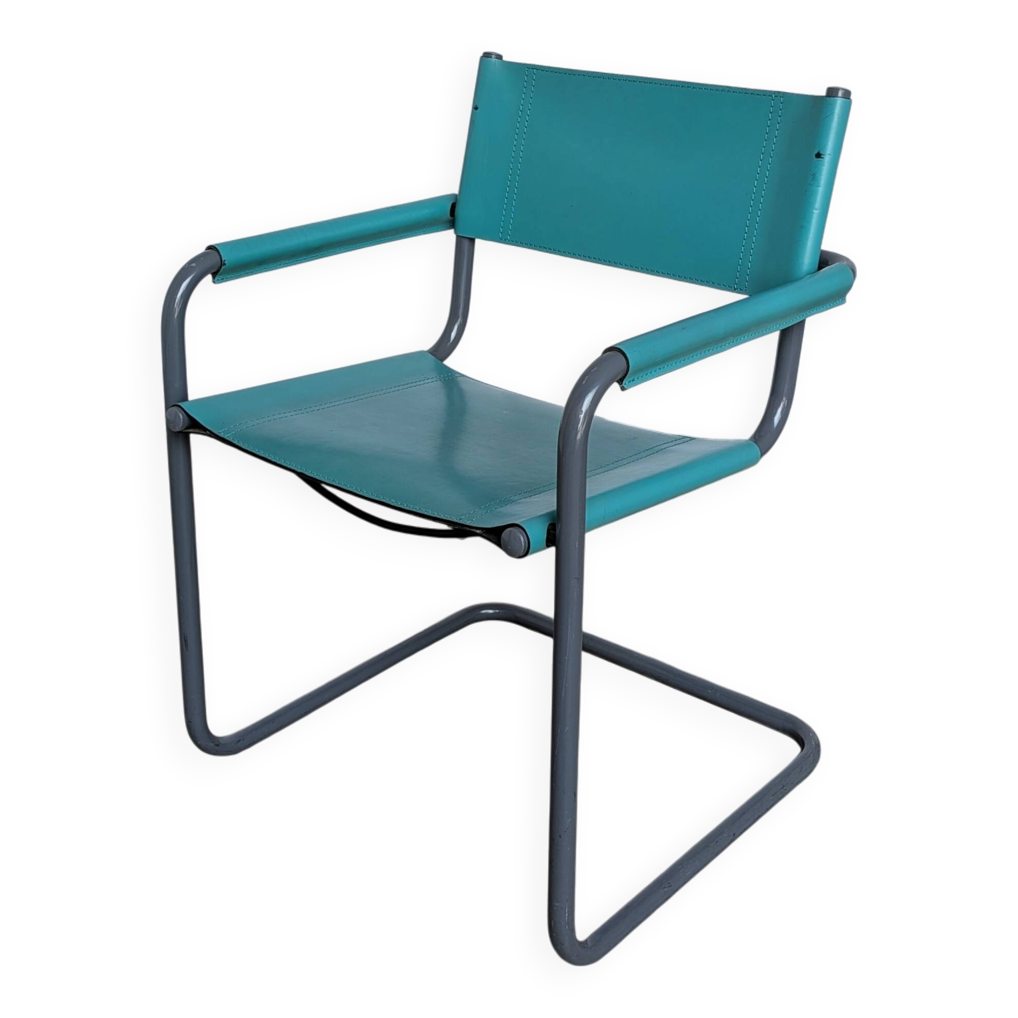 Vintage Mart Stam Style Armchair: Turquoise Leather, Black Chrome Cantileve
