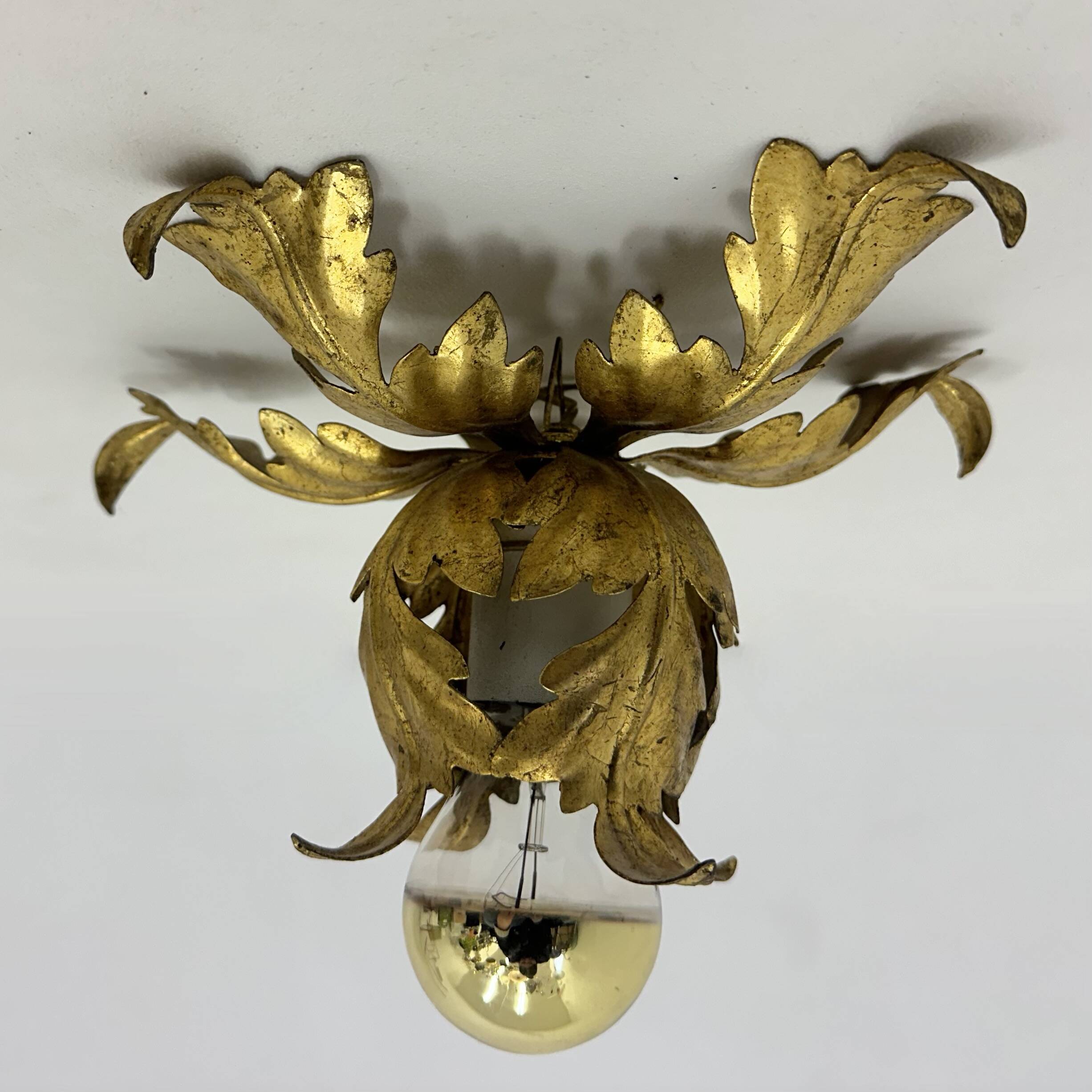 Hollywood regency gold leaf flower light , 1970s