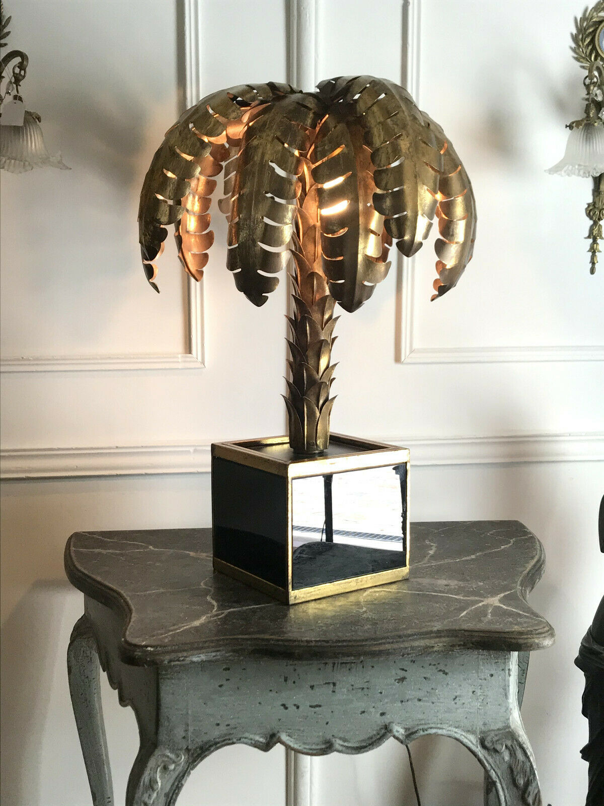 Palm tree table lamp in gilded metal and base in glass plates style year 70