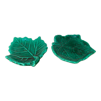 Vintage green ceramic slip leaf cups