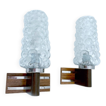Pair Vintage Danish Bubble Blass Wood sconces