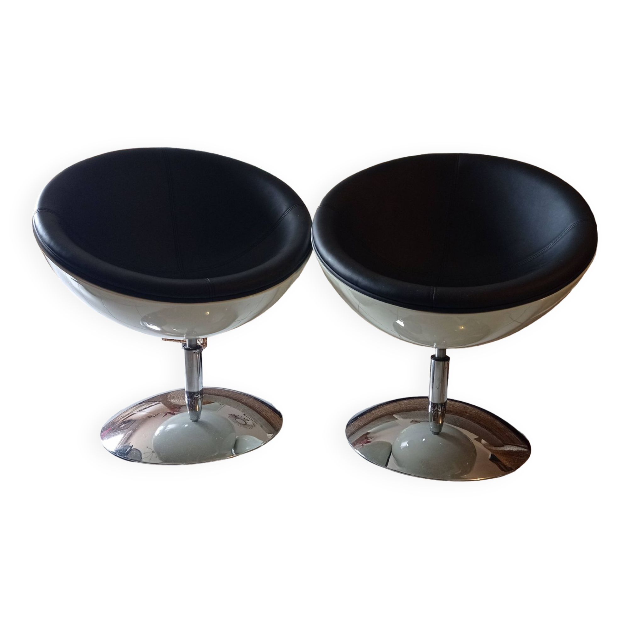 Pair of vintage white ball and black imitation leather swivel armchairs