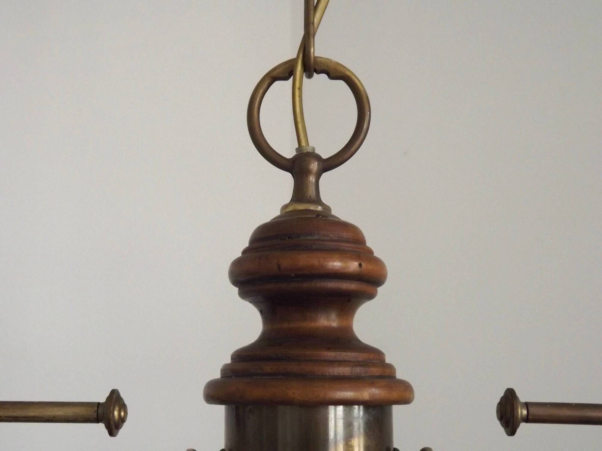 2 Light French Mid Century Extendable Billiard Light In Brass Wood & Glass