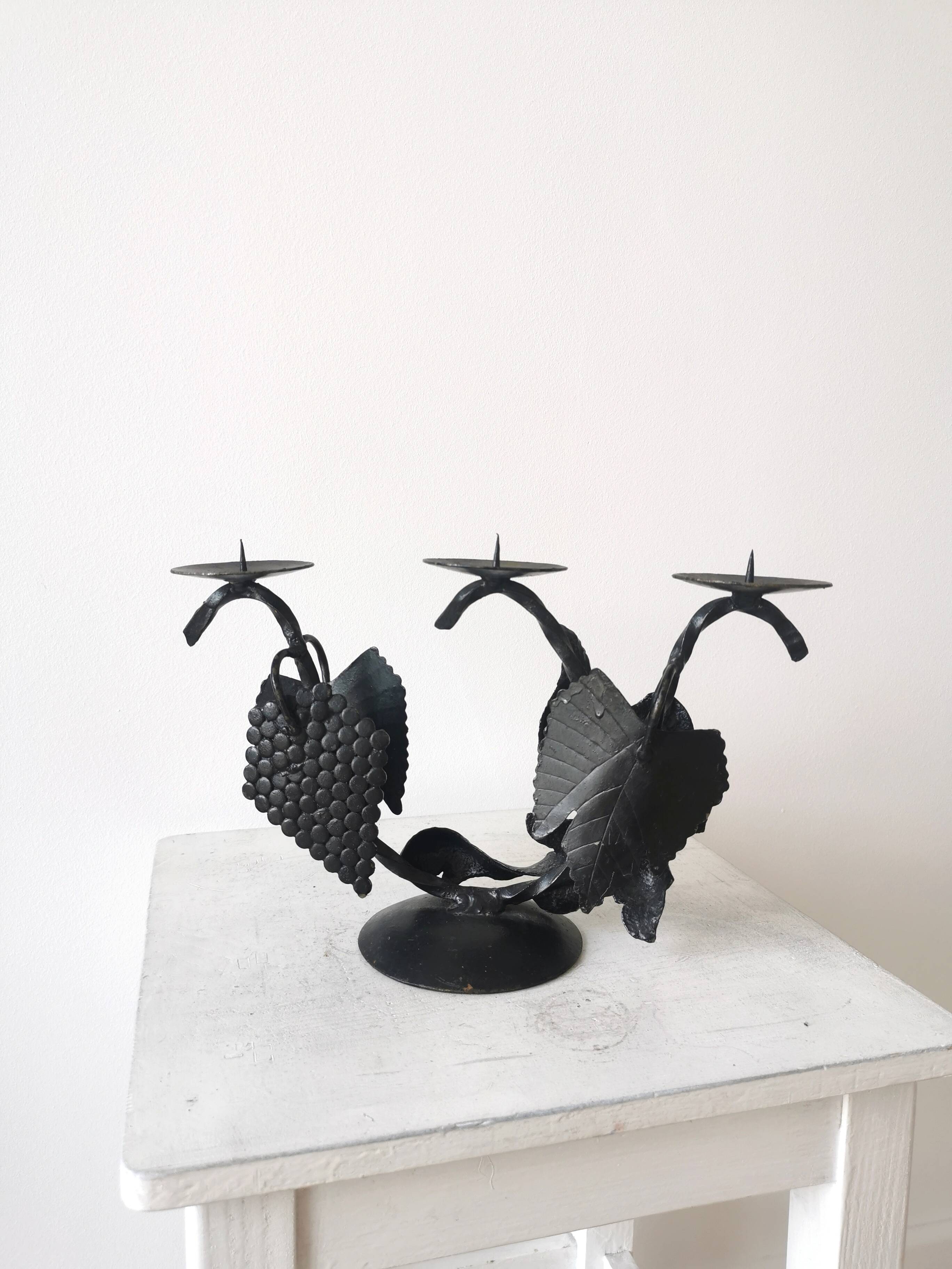 Vintage Forged Iron Grape Leaves Candlestick - Yugoslavia Mid-Century Decor