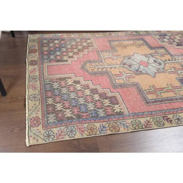 Vintage Turkish Oushak handmade wool cotton pink area rug 106x167