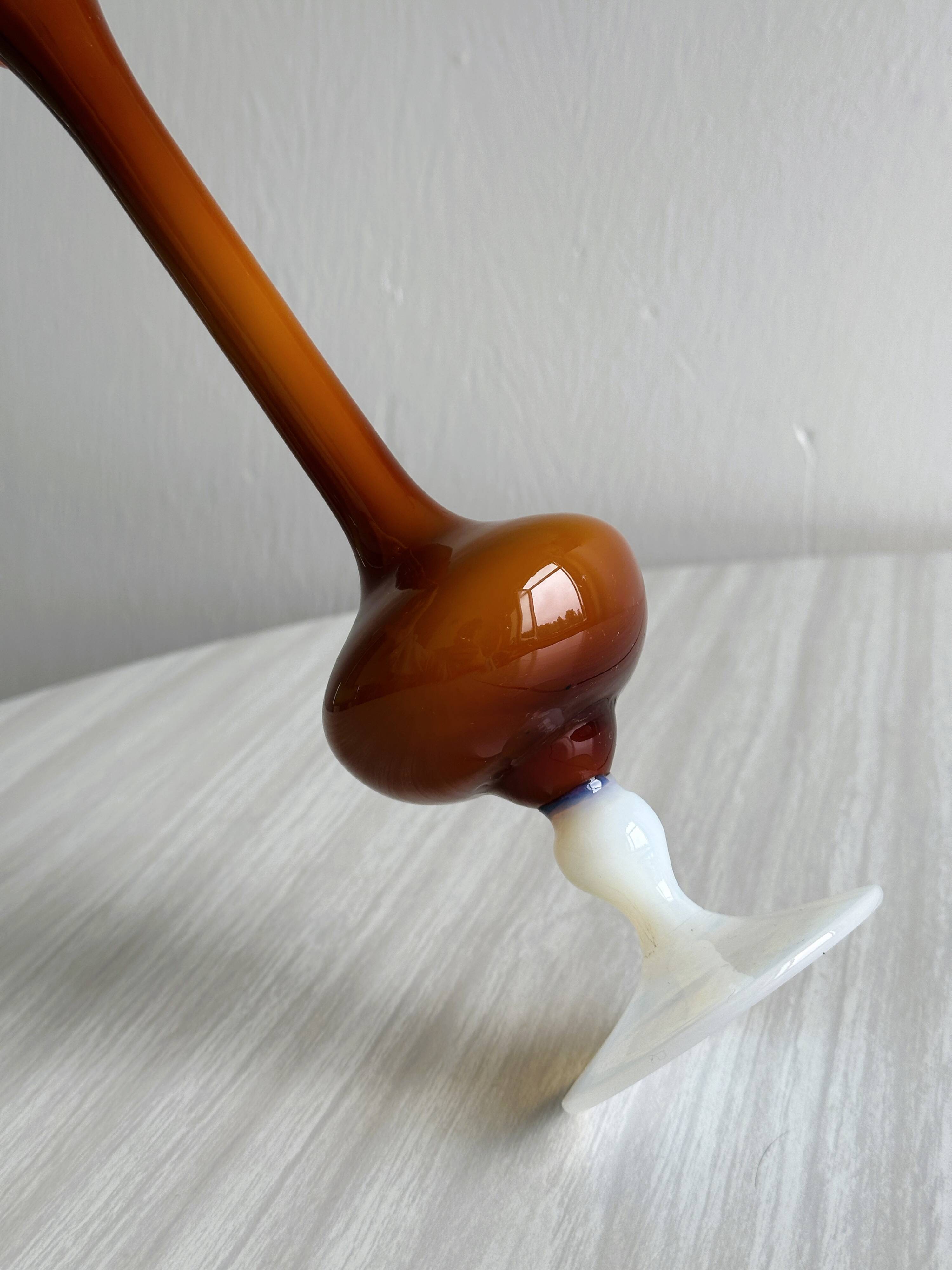 Vintage opaline soliflore vase in two-tone amber and white glass on foot