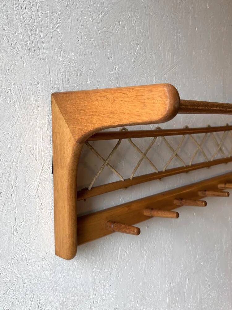 Vintage oak wall coat rack with braided cord 1960s