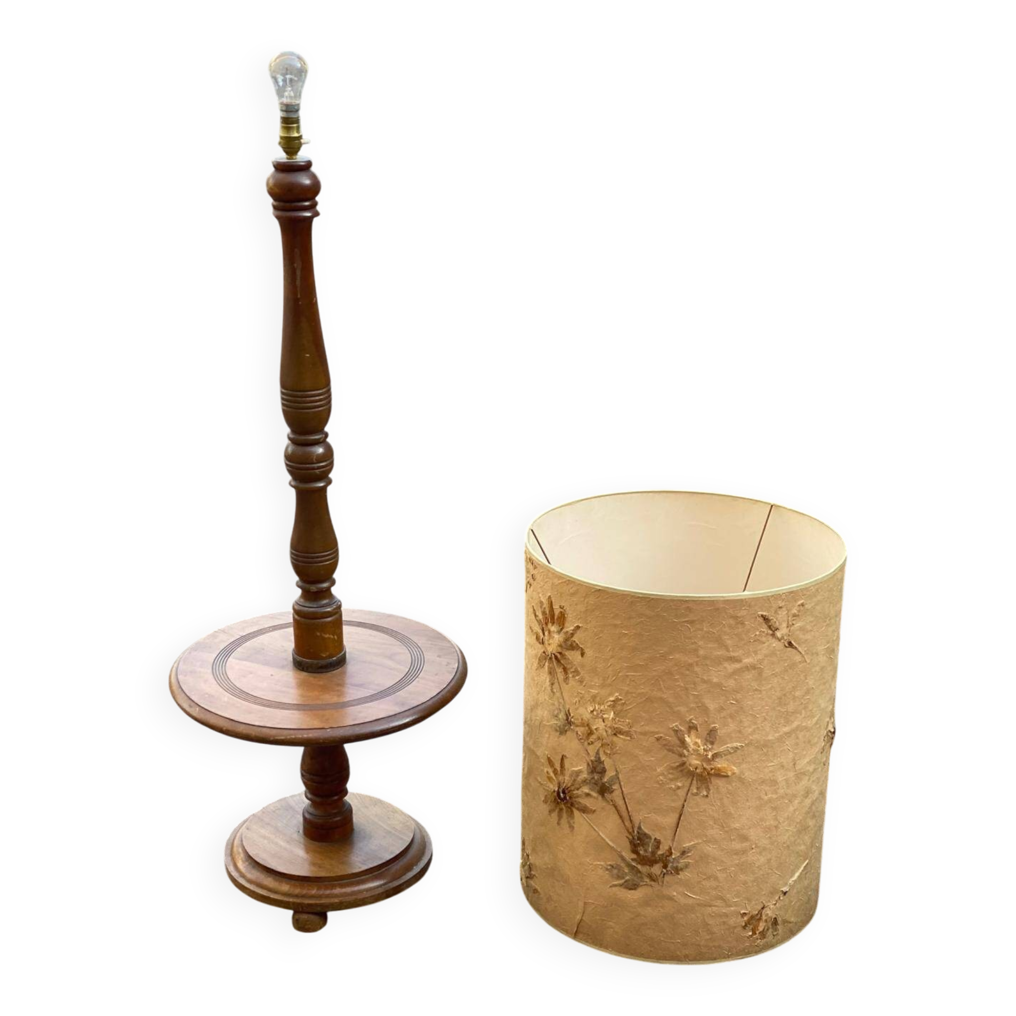 Art Deco floor lamp with wooden shelf and beige floral shade