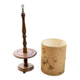 Art Deco floor lamp with wooden shelf and beige floral shade