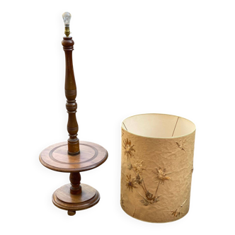 Art Deco floor lamp with wooden shelf and beige floral shade