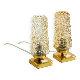 Two rare 1960s brass bedside lamps with gold bubble glass shades