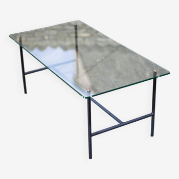 Coffee table attributed to Pierre Guariche, tubular table with glass top, modernist table, 50's