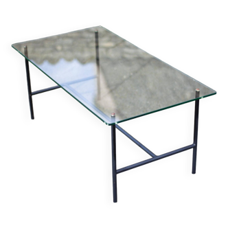 Coffee table attributed to Pierre Guariche, tubular table with glass top, modernist table, 50's