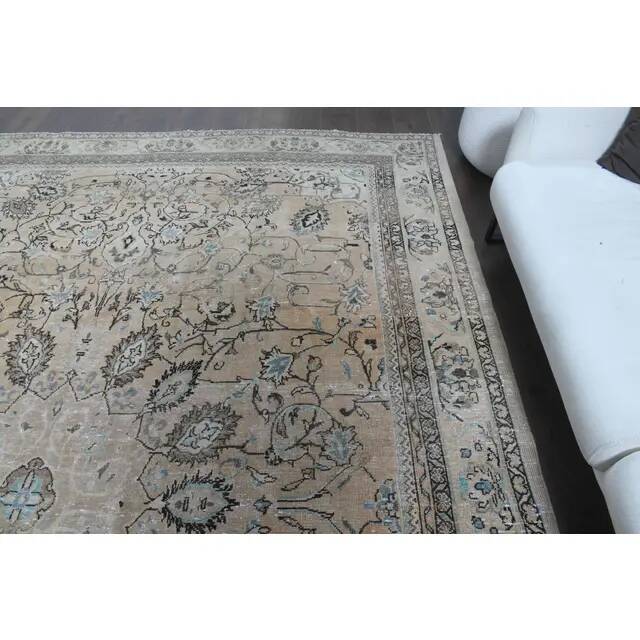 1970s Vintage Persian Handmade Wool Cotton Light Brown Area Rug 276x356