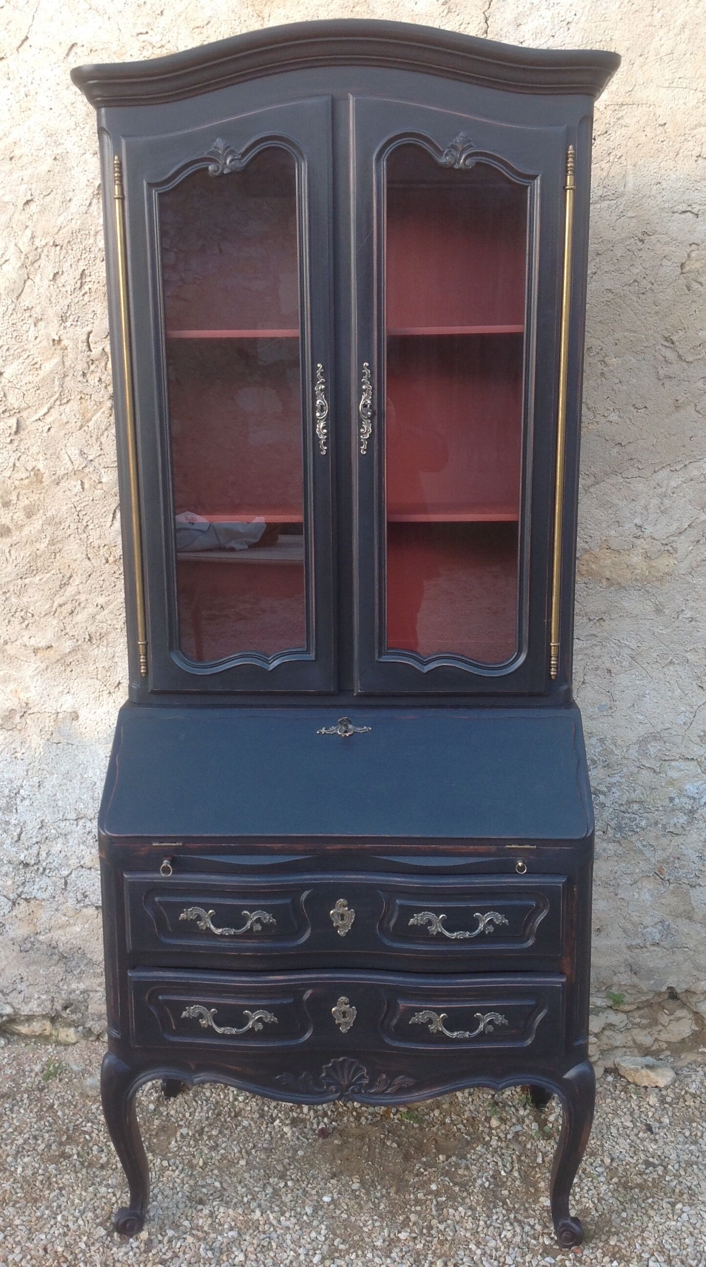 Louis XV style scriban bookcase in black and Basque red patinated cherry wood