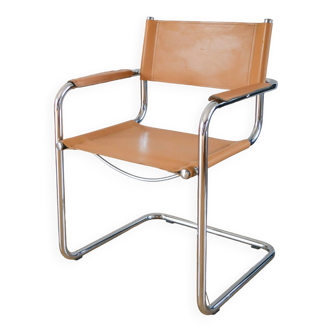 Tubular armchair in Beige split leather and chrome