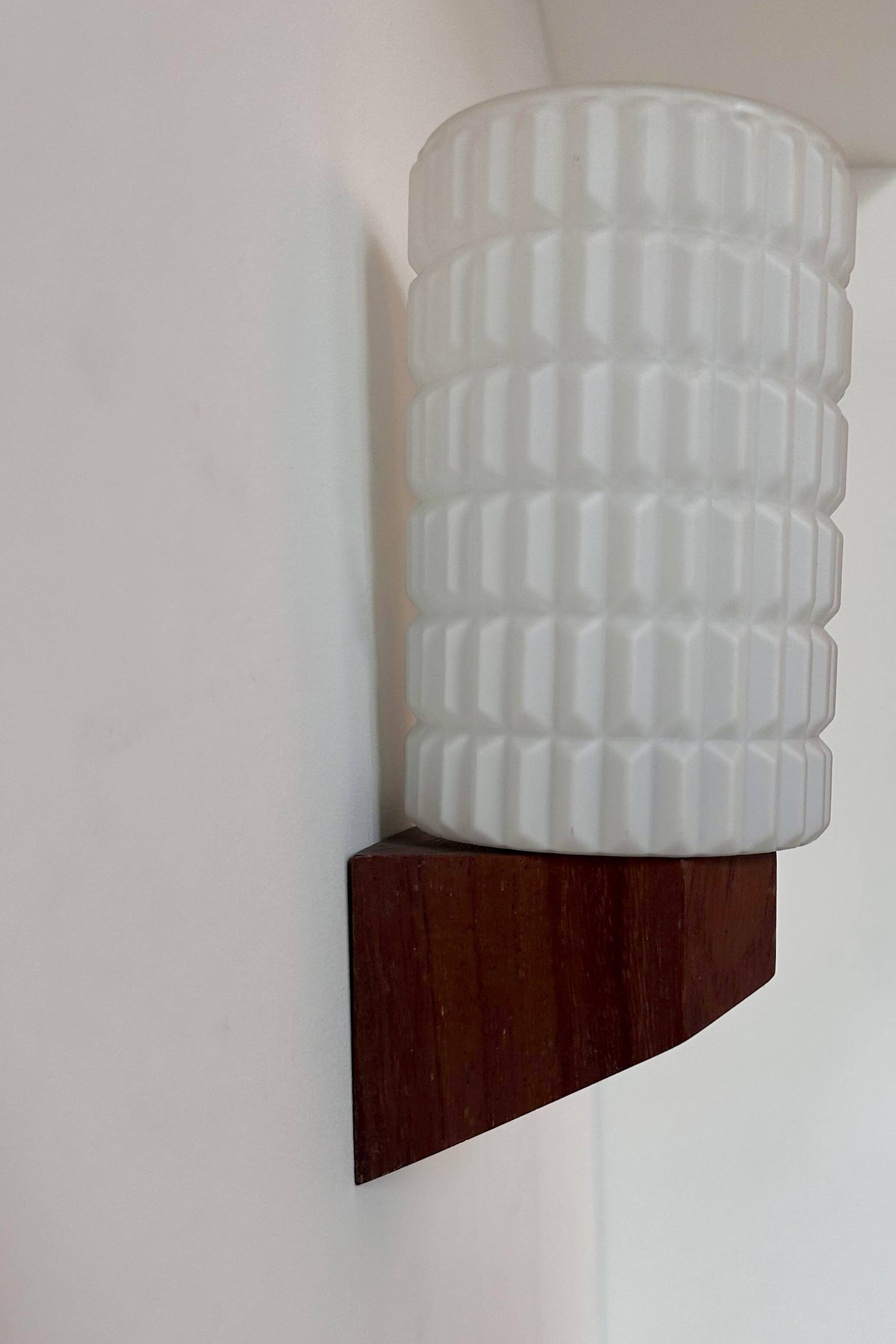 Pair of vintage wall lights, teak and opaline, Philips Netherlands 1950