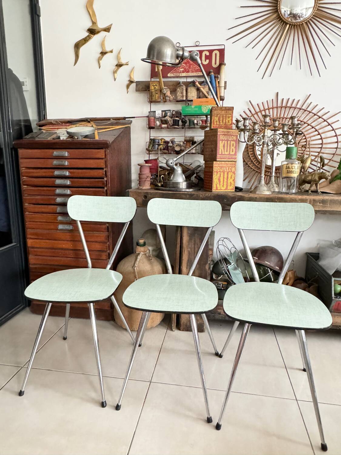 Set of 3 green Formica chairs