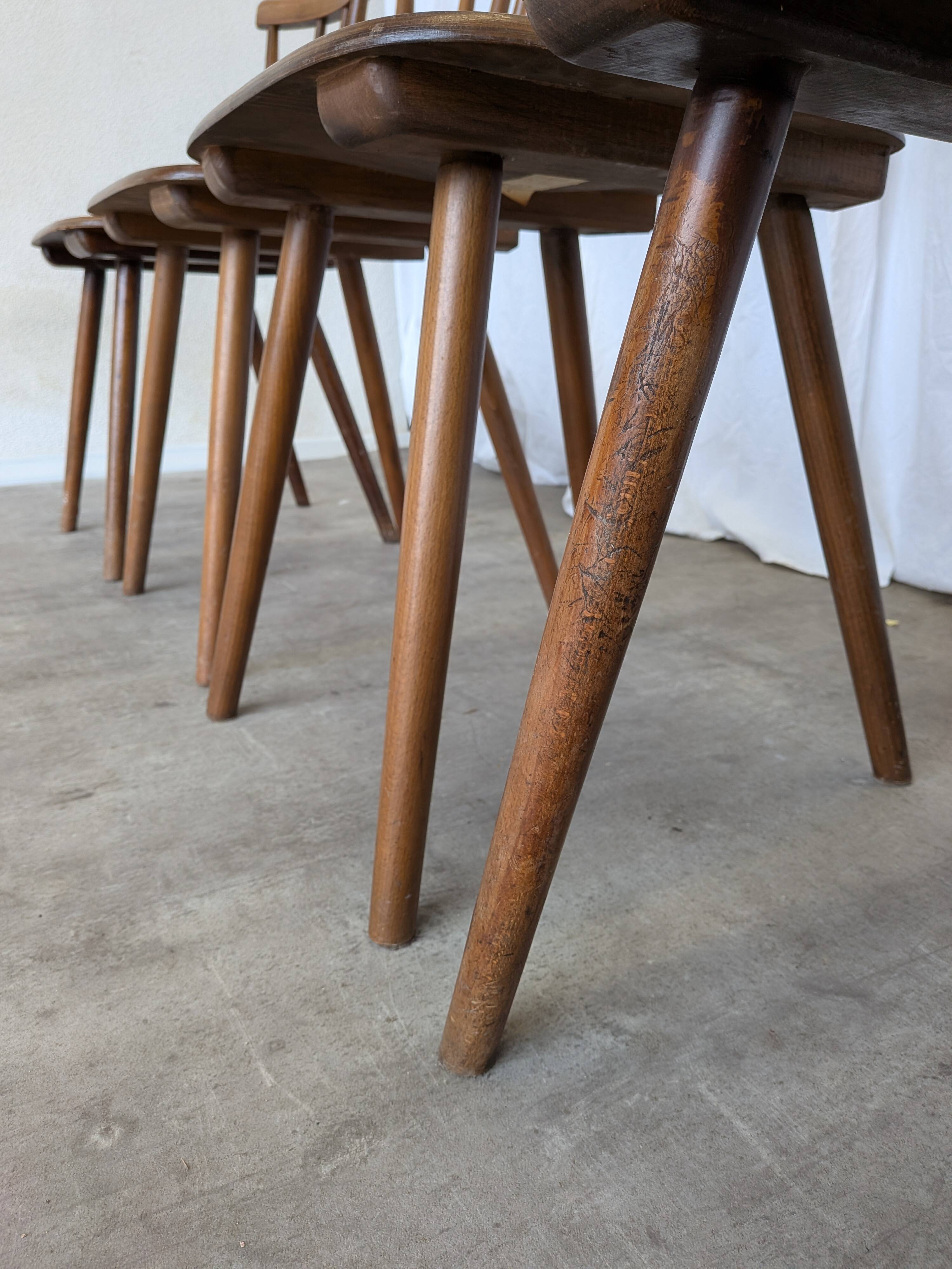 Ensemble de 4 chaises de salle à manger Windsor vintage : en bois des années 50 / STOL Kamnik