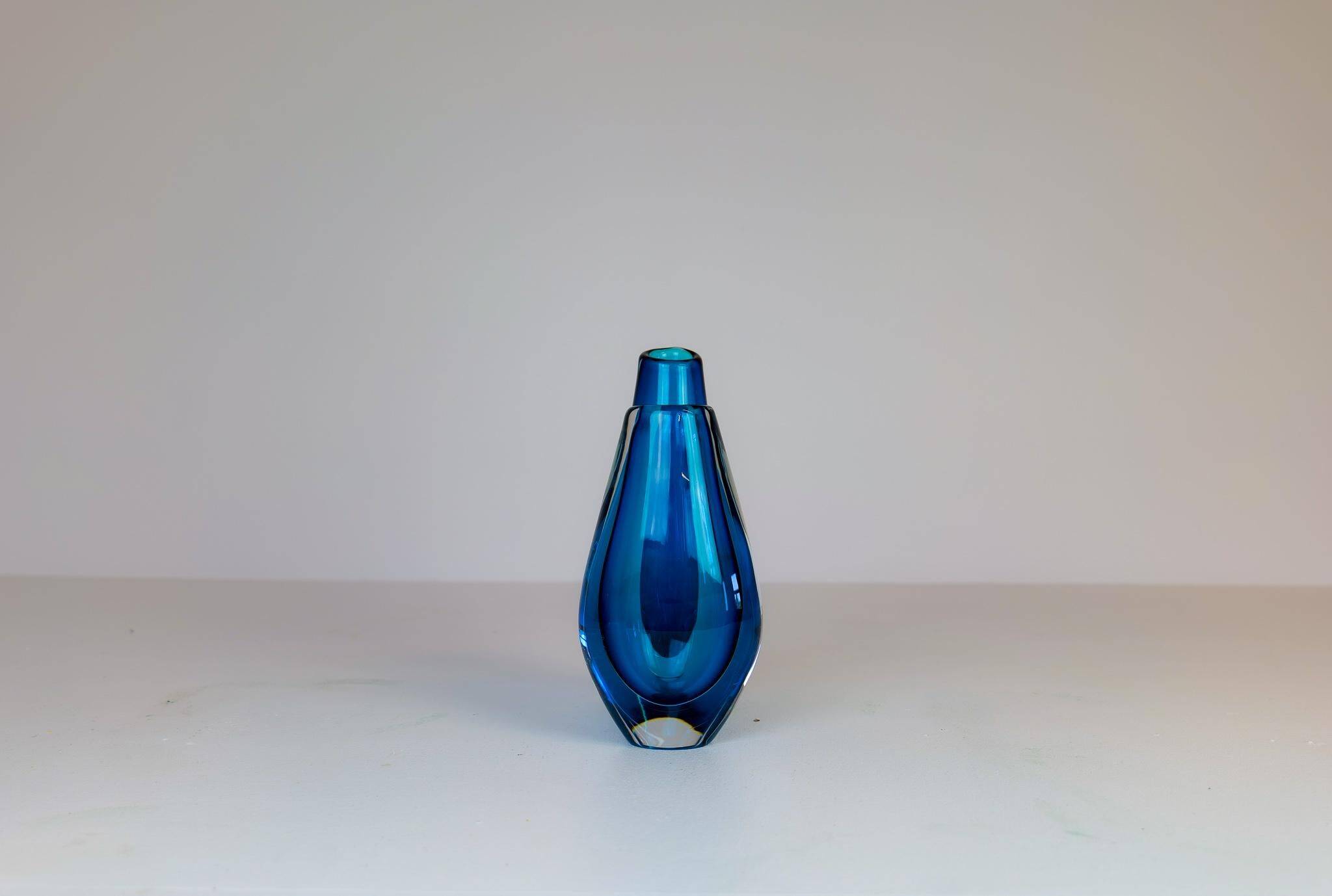 Pair of heavy crystal vases by Orrefors Mid-Century Modern by Sven Palmqvist, light blue.