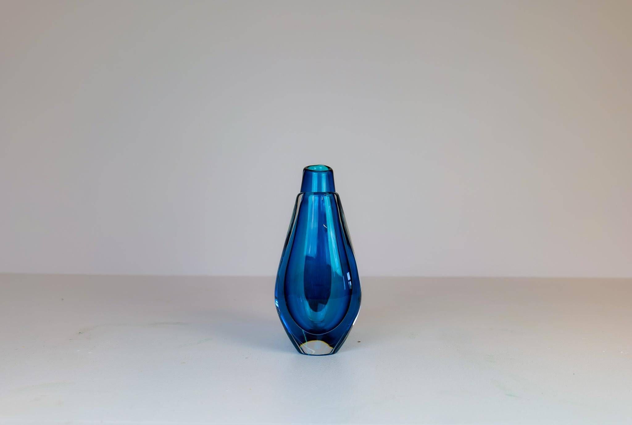 Pair of heavy crystal vases by Orrefors Mid-Century Modern by Sven Palmqvist, light blue.