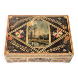 Boîte ancienne artisanale en marqueterie de paille, années 1920