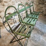 Set of 4 Antique Iron Folding Garden Chairs - 1920s Riveted Bistro Chairs with Aged Green Patina