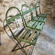 Set of 4 Antique Iron Folding Garden Chairs - 1920s Riveted Bistro Chairs with Aged Green Patina