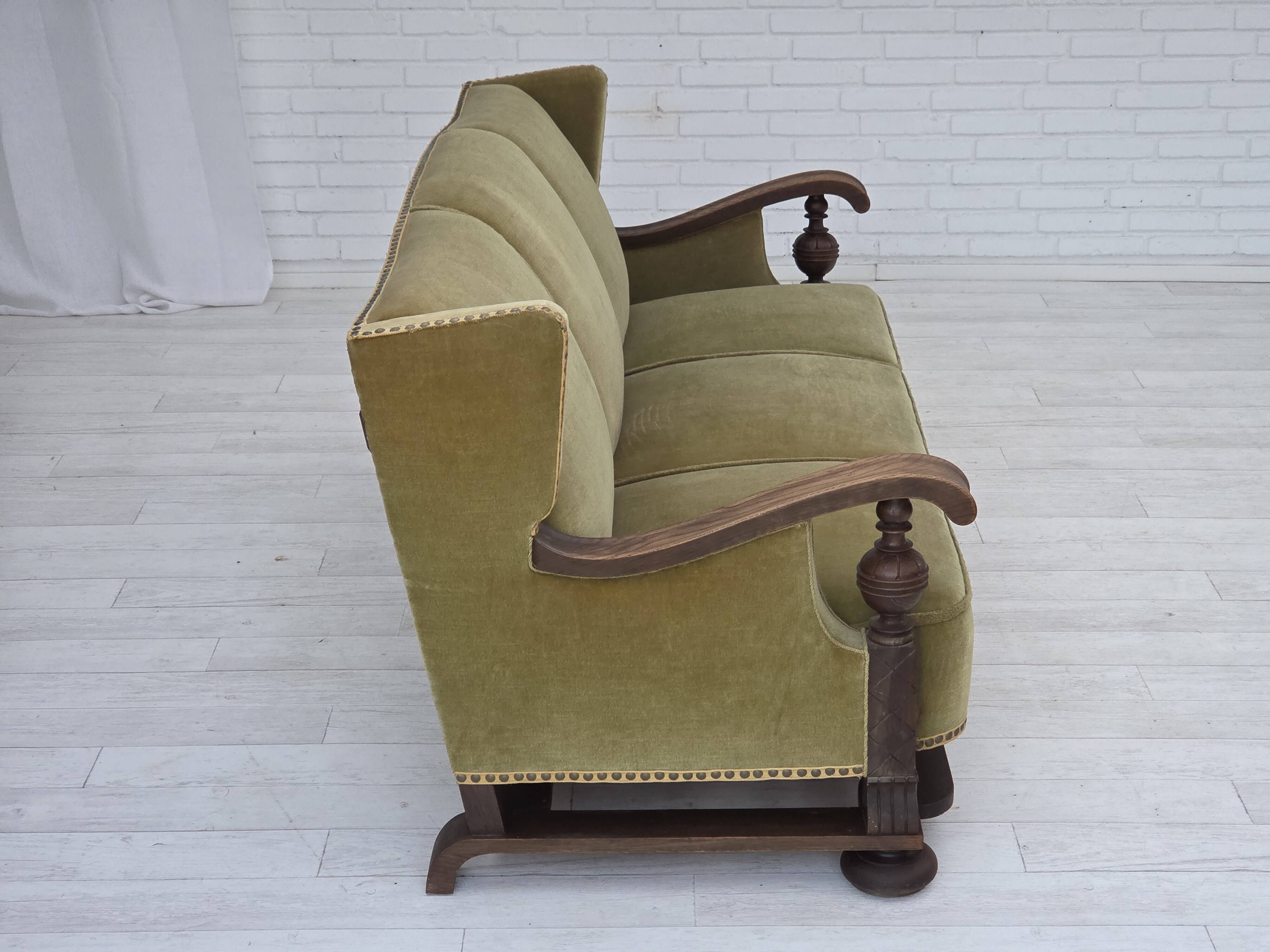 1950s, 3-seater Danish sofa, original condition, furniture velour, oak.