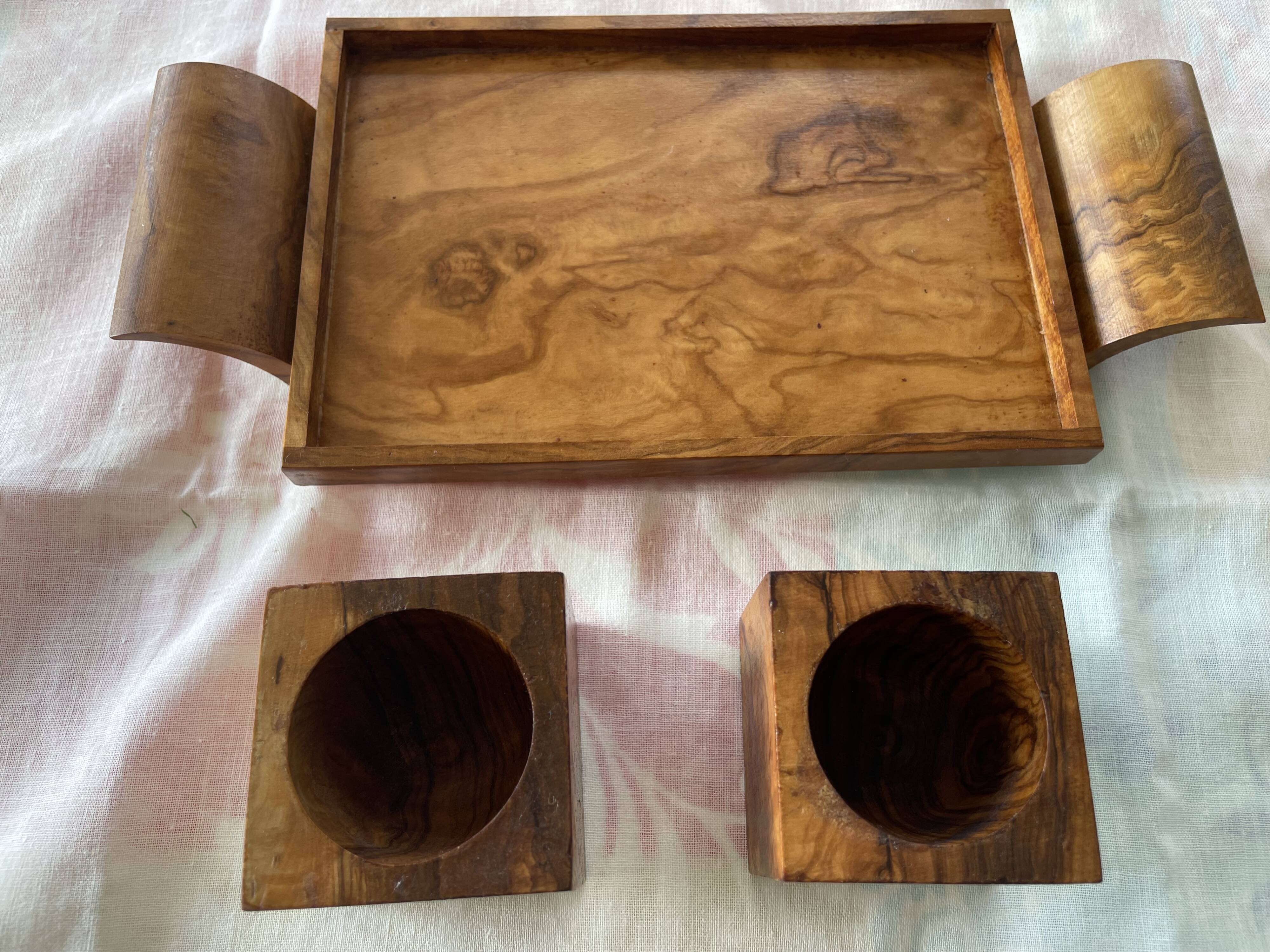 6 cube egg cups on tray with handles Olive wood Vintage 1970
