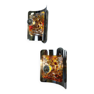 Pair of orange Murano Mazzega wall sconces, Italy, 1970s