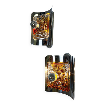 Pair of orange Murano Mazzega wall sconces, Italy, 1970s