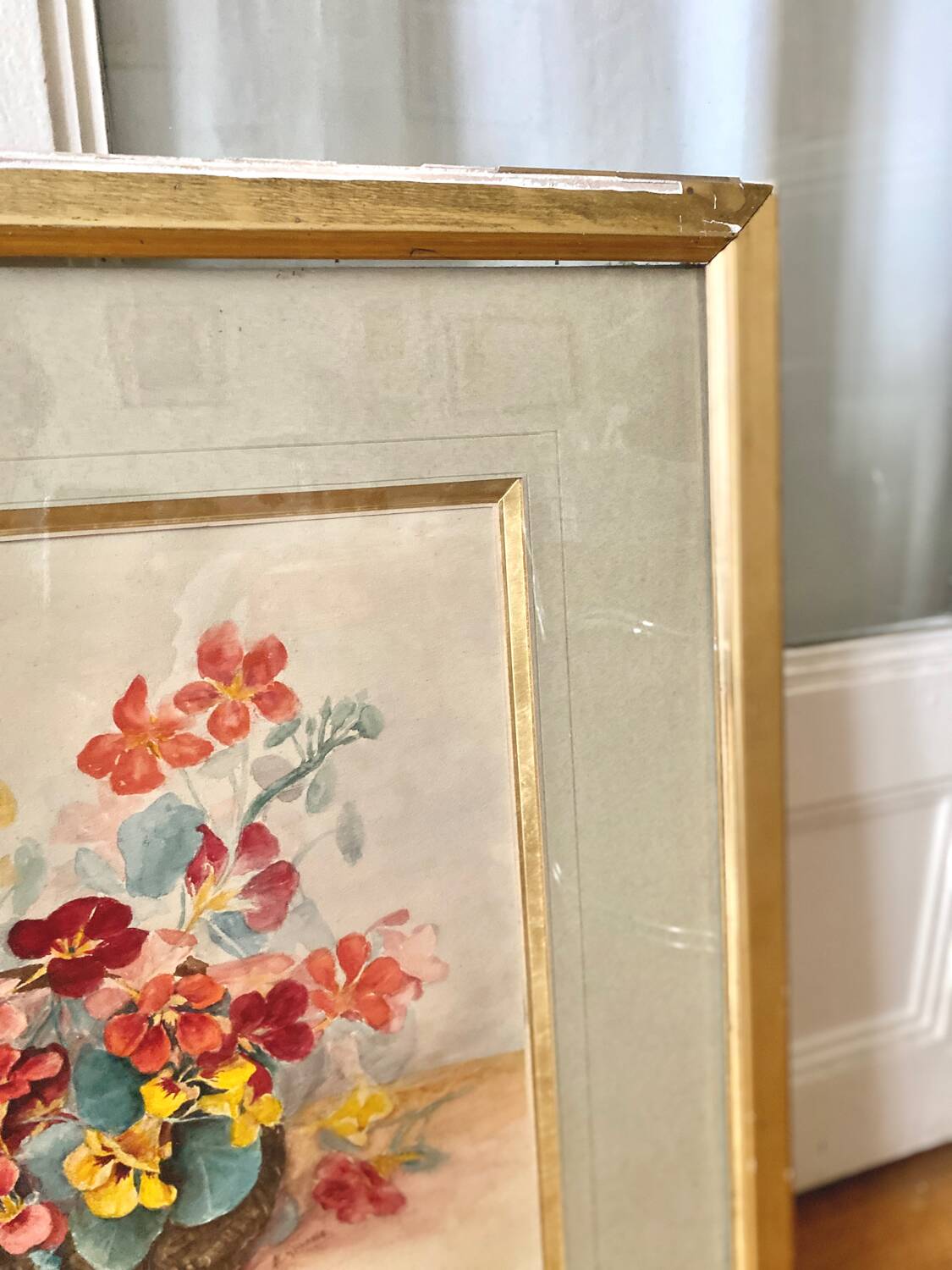 Grand tableau Aquarelle encadrées fin 19e siècle motif panier de fleurs