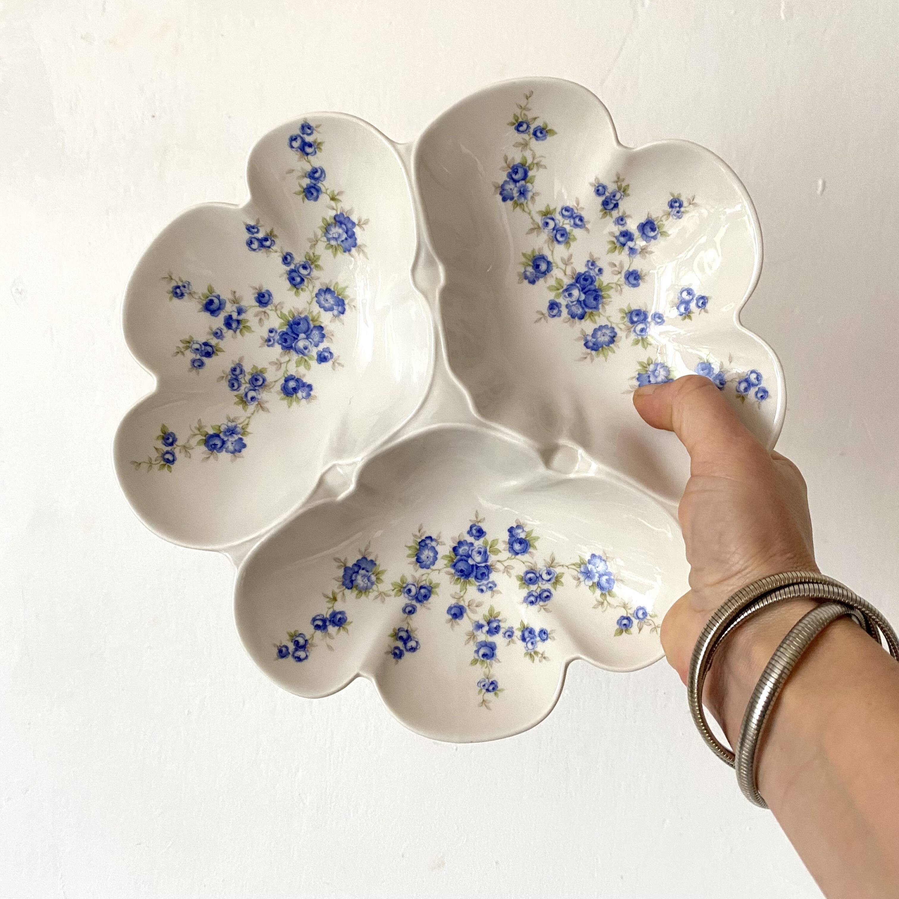 Pillivuyt porcelain 3-compartment dish, blue flowers