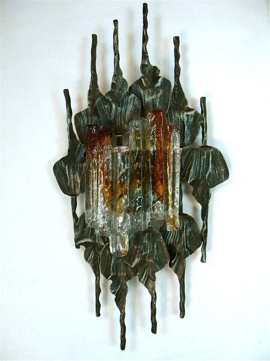 Large brutalist iron & ice Murano glass sconce / wall lamp, 1960s