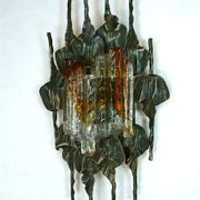 Large brutalist iron & ice Murano glass sconce / wall lamp, 1960s