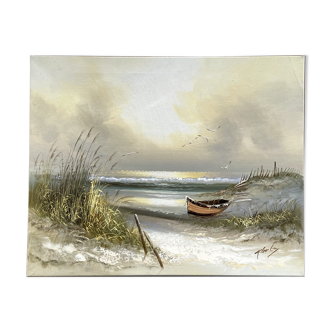 Paysage marin barque dunes de Sauveterre, Vendée - signature à identifier, XXe