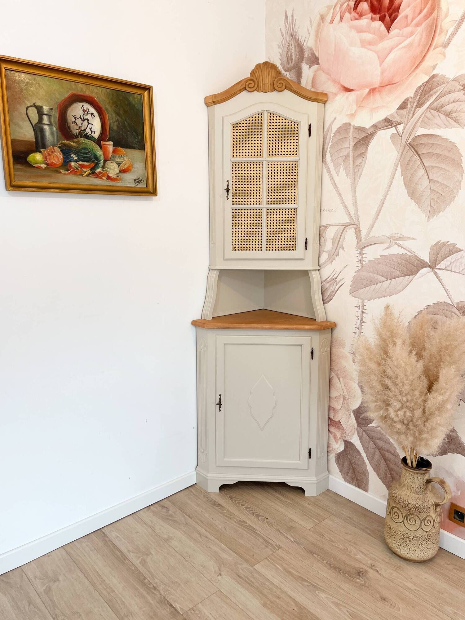 Corner unit in 2 parts, grey/beige and cane work.