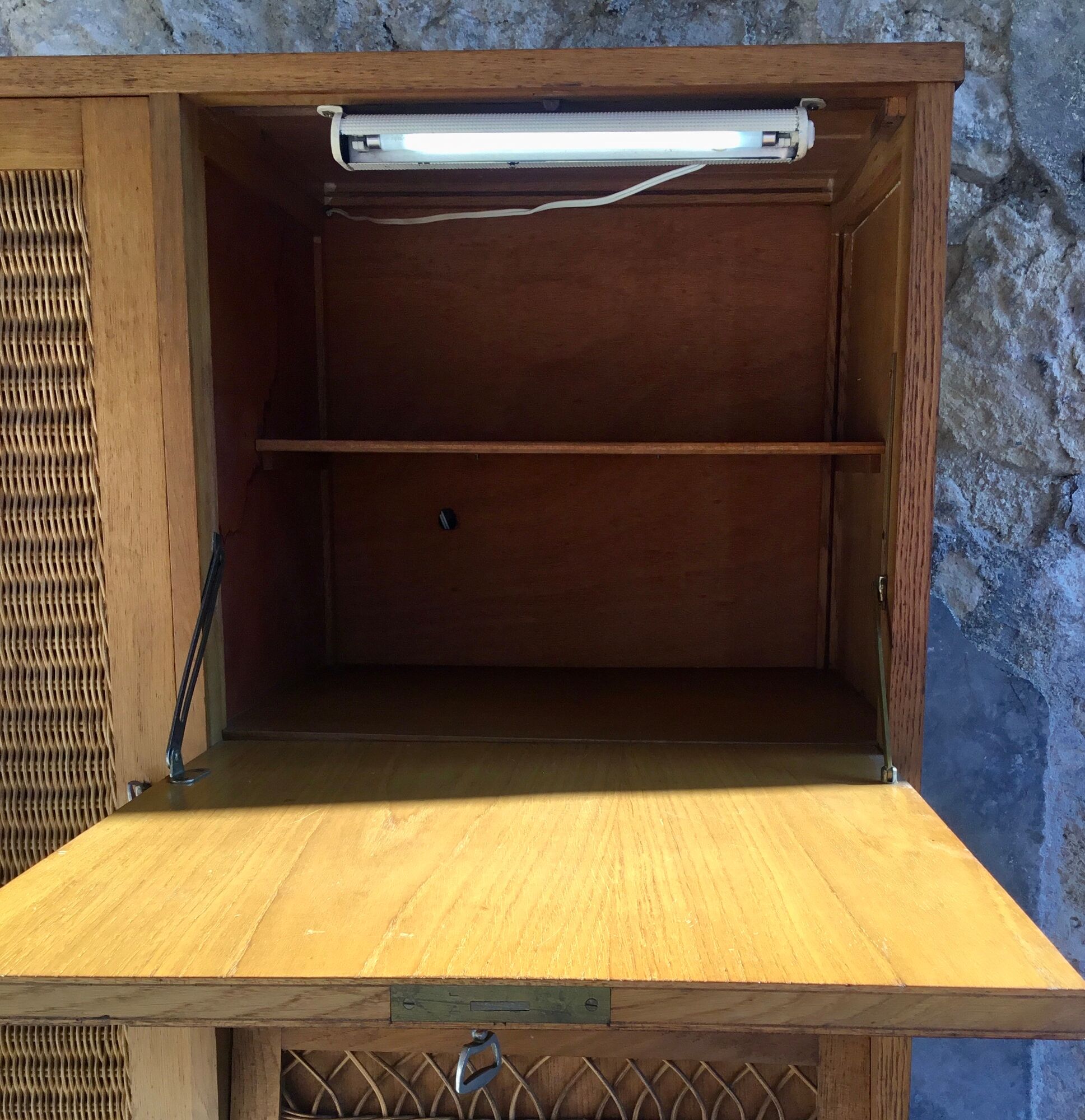 Rattan cabinet with integrated illuminating secretary vintage 1960