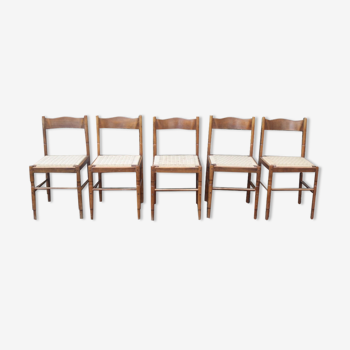 Ensemble cinq chaises en bois et corde tressée