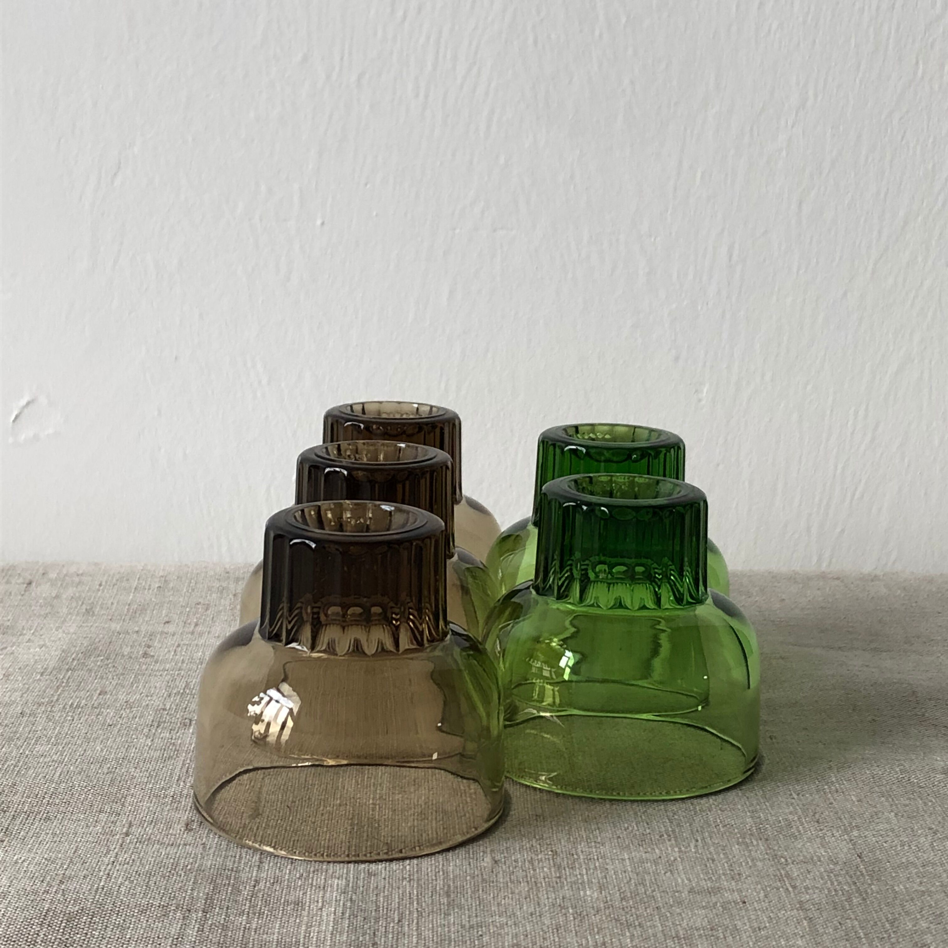 Shooters, translucent brown smoked and green shot glasses, ribbed foot