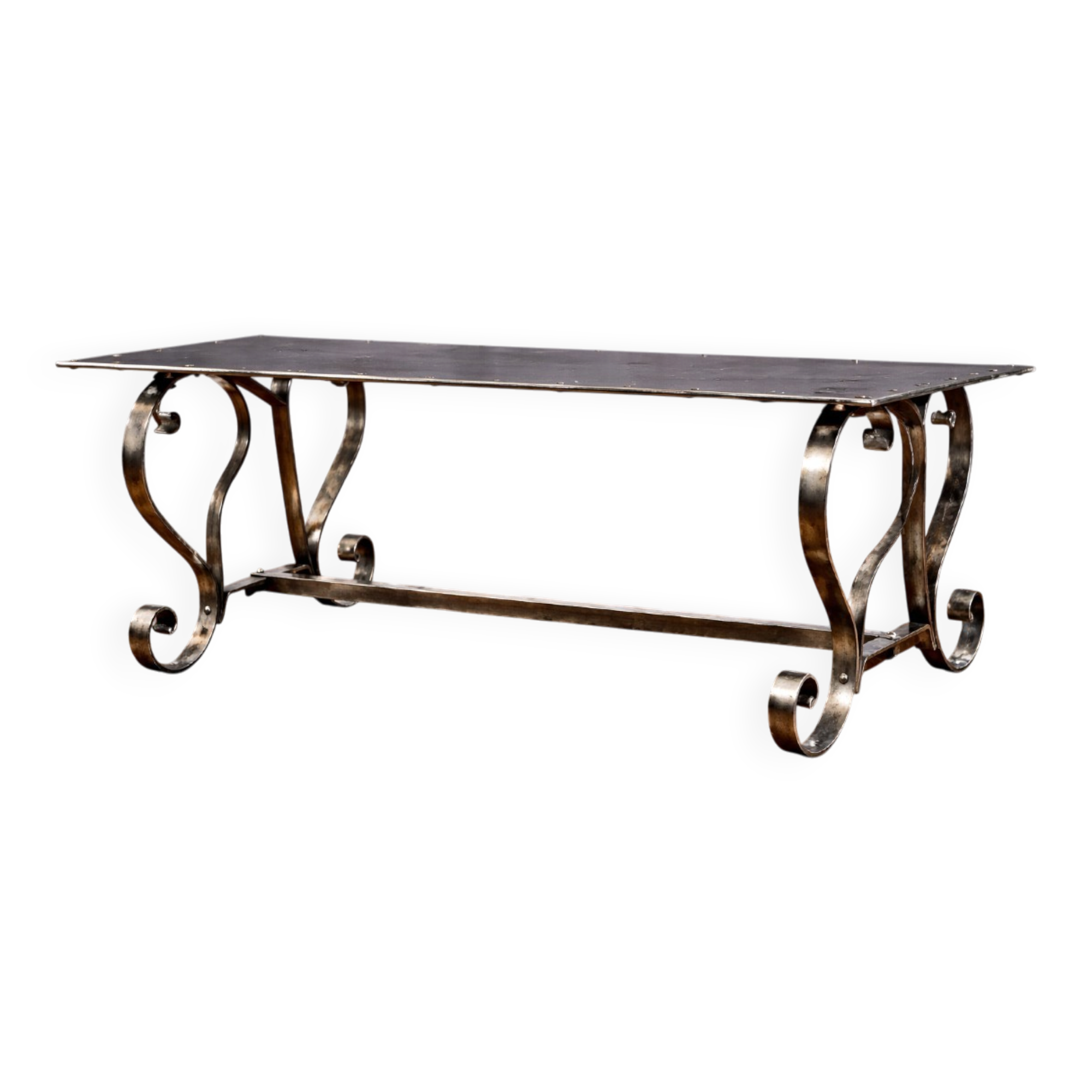 Riveted metal industrial coffee table, Jansen style