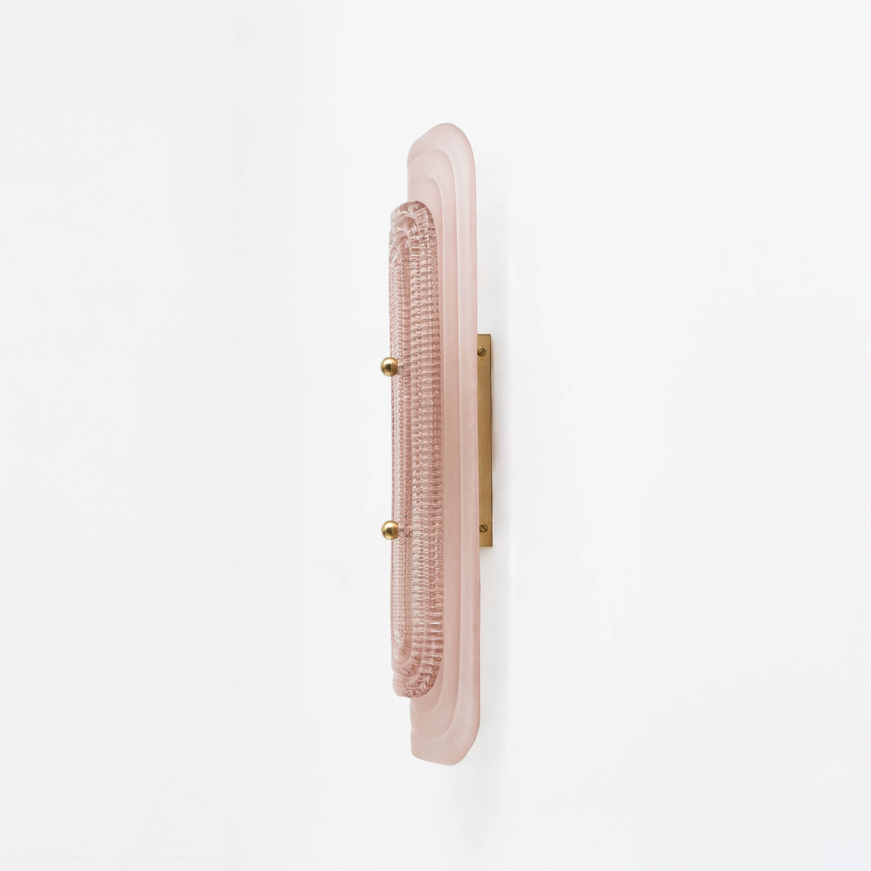 Pair of Art Deco Sconces in Matte and Glossy Pink Murano Glass and Brass