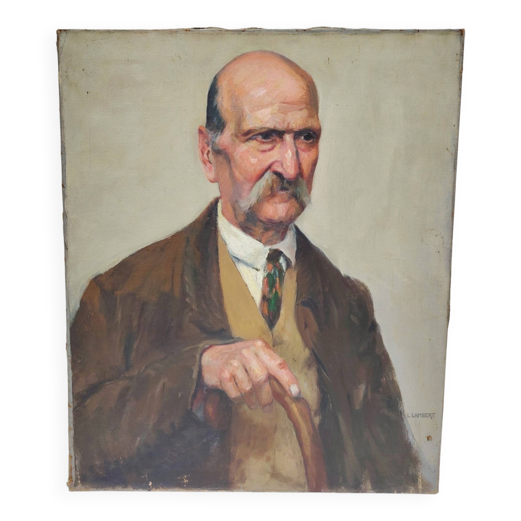 Portrait of grandfather, oil on canvas, L. Lambert, vintage
