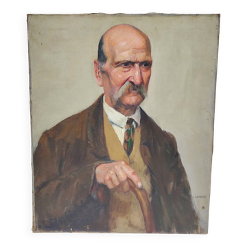 Portrait grand-père, huile sur toile, L. Lambert, vintage