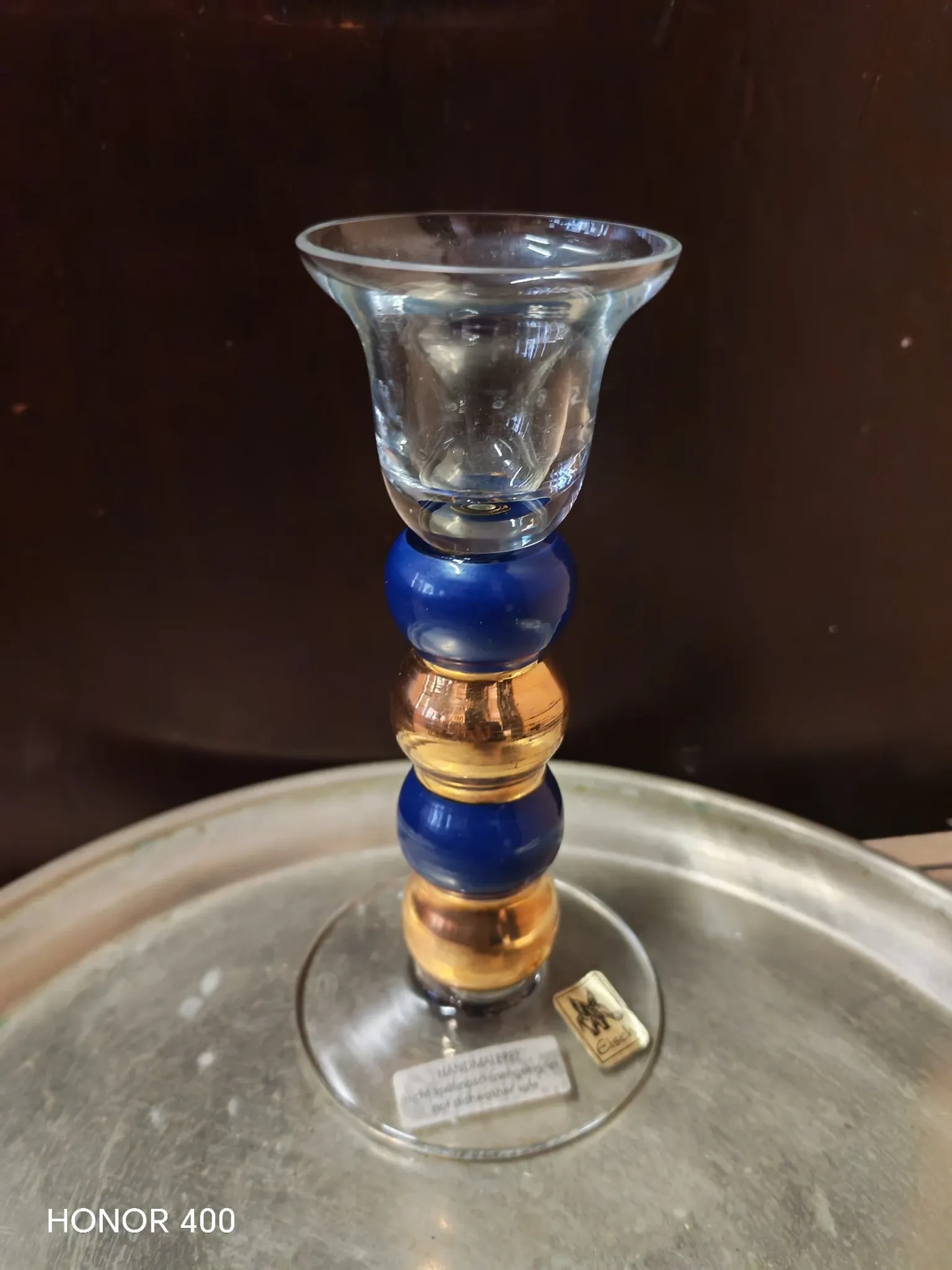Post-modern cobalt blue glass candlestick, Memphis style.