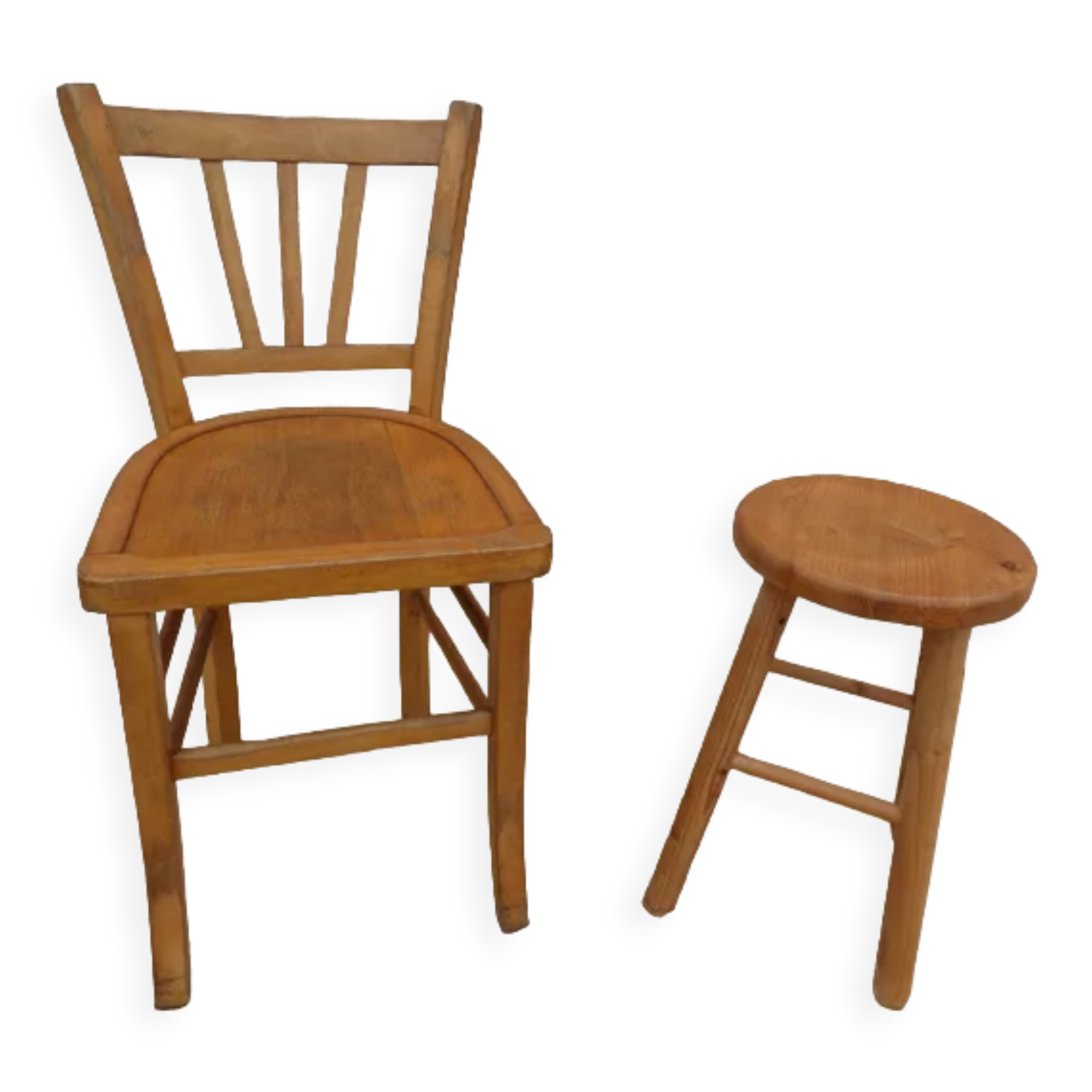 Set chair and stool in solid wood in its patina