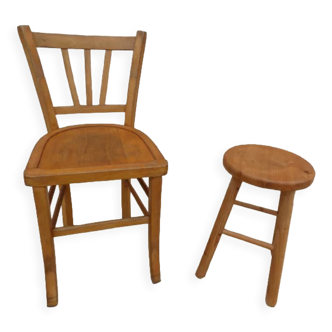 Set chair and stool in solid wood in its patina