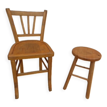 Set chair and stool in solid wood in its patina